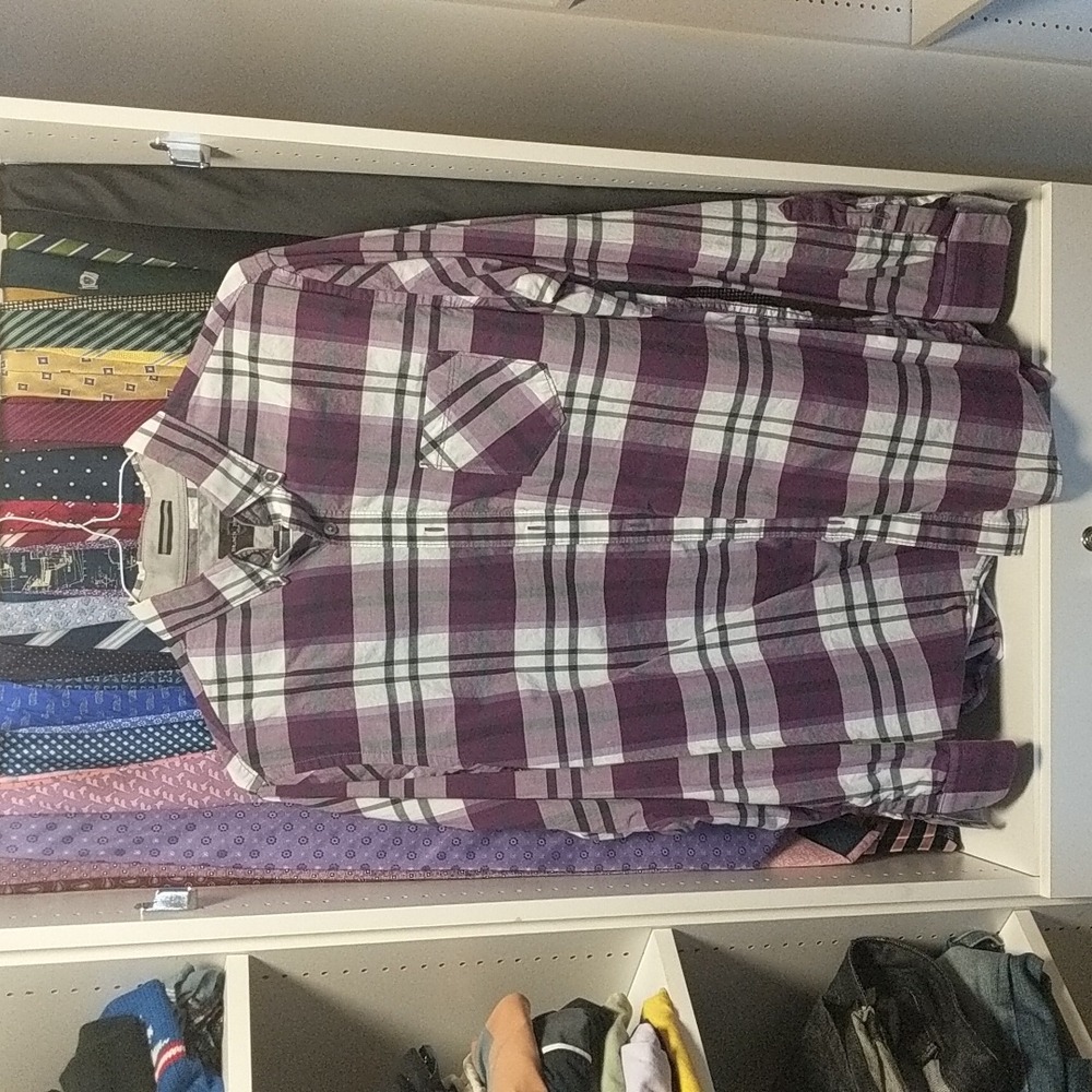 Men's "Black Brown (brand)" large, purple/white, checkered button-down shirt.